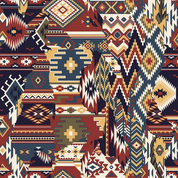 Native American Stof Patchwork Achtergrond Vector Naadloze Patroon Achtergrond — Stockvector