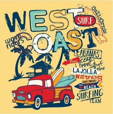 Sahilde, vektör grunge çocuk nakış öğelerle giymek için yazdırma surfboard ile şirin aç şu telefonu