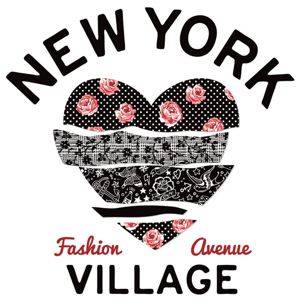 New York Village Typographie Patchwork Foyer Imprimé Vectoriel Pour Chemise — Image vectorielle