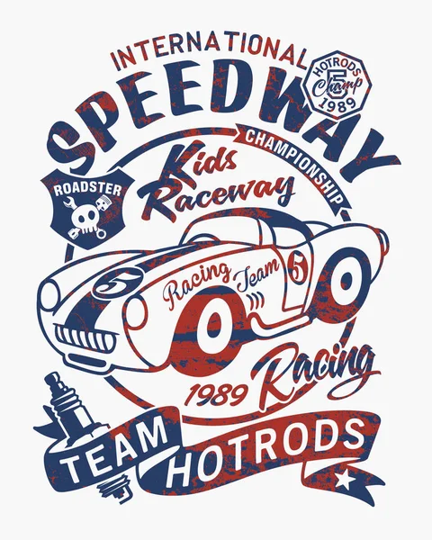 Vintage Speedway Çocuklar Roadster Yarış Takımı Vektör Çocuk Grunge Etkisi — Stok Vektör
