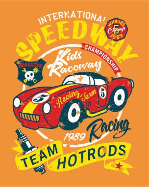 Vintage speedway çocuklar roadster yarış takımı, vektör çocuk grunge etkisi ayrı katmanda giyim için kumaş aplike ile yazdırma