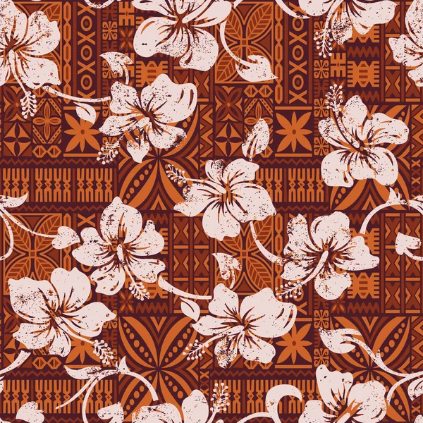 Tribal Vintage Hawaiianische Hibiskusblumen Tapete Hawaii Abstrakte Grunge Blumenvektor Nahtlose — Stockvektor