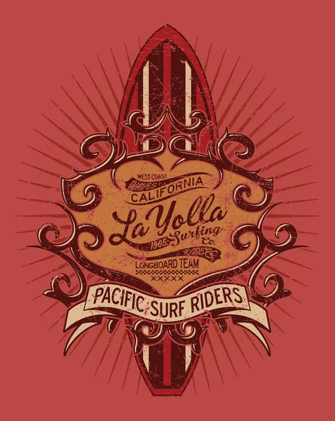 加州冲浪公司徽章 T恤衫的矢量打印在单独的图层中的效果 — 图库矢量图片