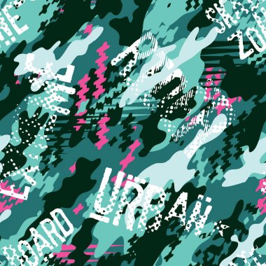 Urban rider abstract camouflage wallpaper, skateboarding street wear vector mimetic seamless pattern clipart