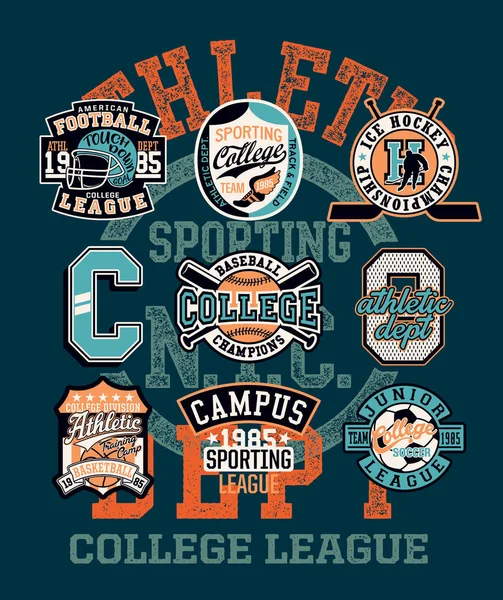 Collège Département Athlétique Équipe Sportive Badges Collection Vintage Impression Vectorielle — Image vectorielle