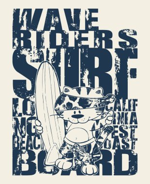 Şirin kedi sörf takımı çocuklar için grunge vektör çizimi