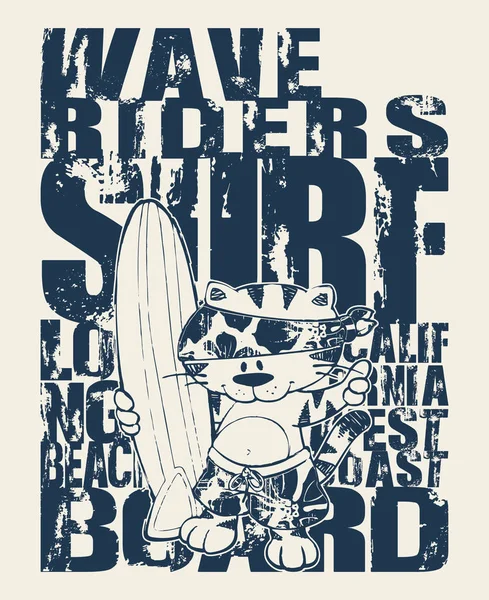 Grazioso Gatto California Surf Team Grunge Vettoriale Opere Arte Bambini — Vettoriale Stock