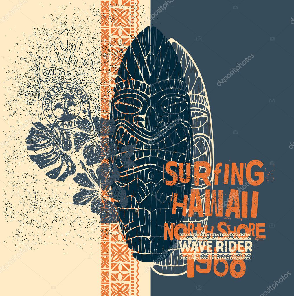 Tiki surf north shore Hawaii grunge tribal vector print for boy summer beach wear shirt