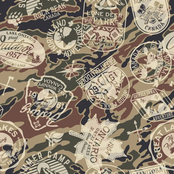 Canadá Adesivos Livre Com Fundo Camuflagem Vintage Aventura Patches Sem —  Vetores de Stock