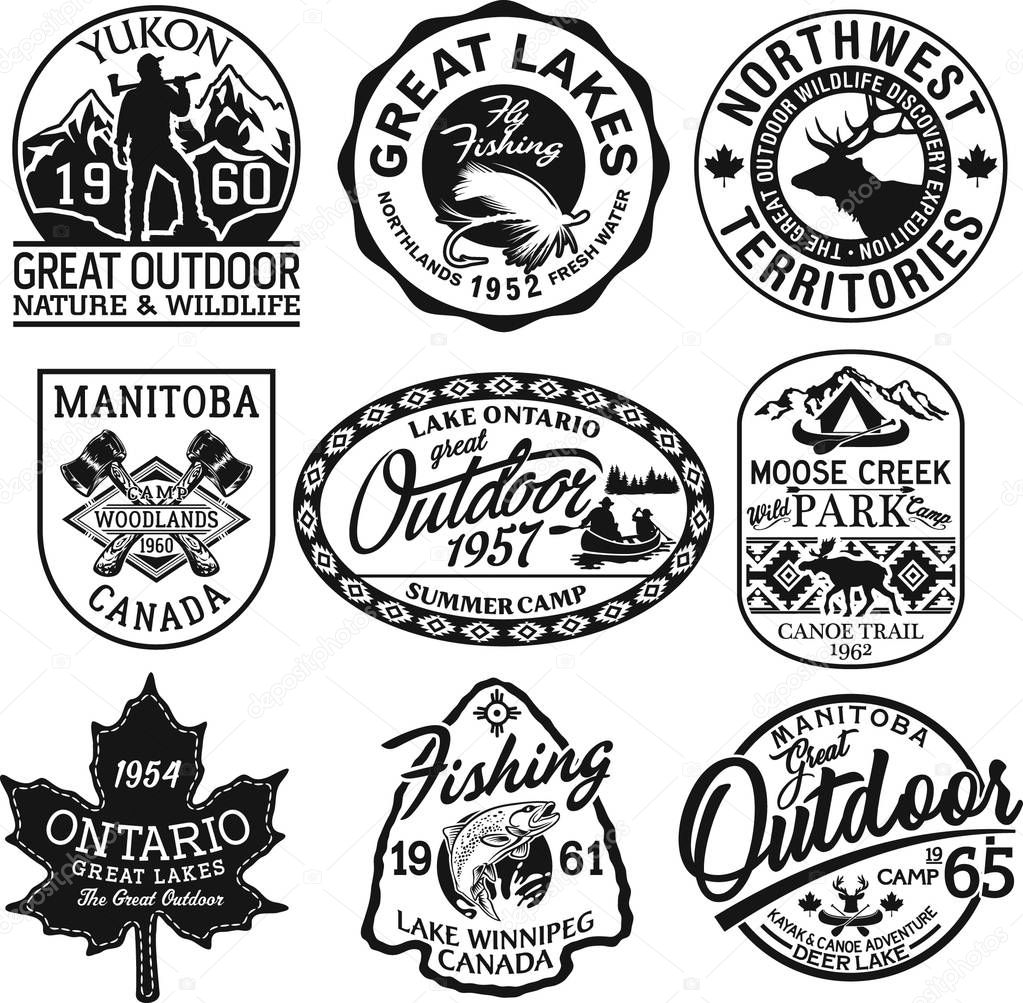 Canada outdoor adventure stickers and patches vector collection in black and white for boy wear