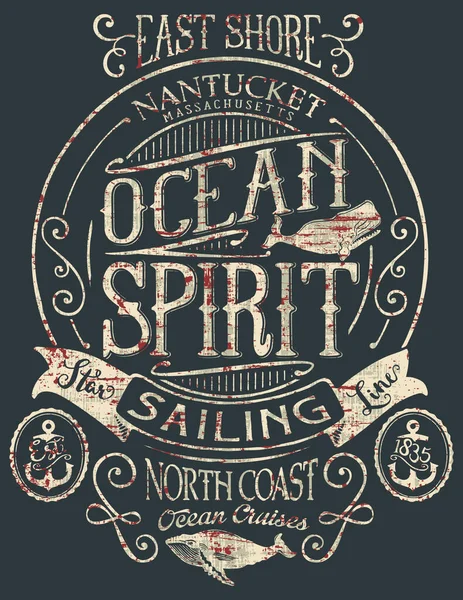 Vintage Ocean Spirit Adventure Badge Vector Print Boy Shirt Grunge — стоковый вектор