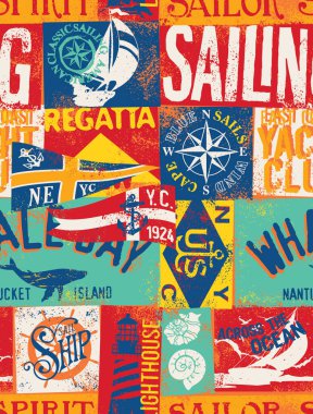 Denizcilik bayrağı ve tekne elementleri çocuklar için sorunlu vektör yamaları pürüzsüz desenli giyer