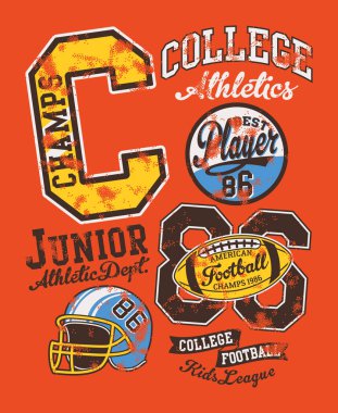 Amerikan futbolu küçükler kolej vektör çizimleri çocuklar için. Uygulamalı yamalar ayrı katmanlarda grunge etkisi ile takılıyor.