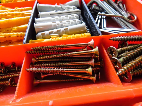 带塑料锚和螺钉的工具箱组织者盒 — 图库照片