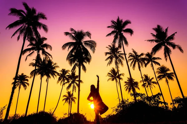 Sillouette pohon kelapa dan wanita muslim muda — Stok Foto