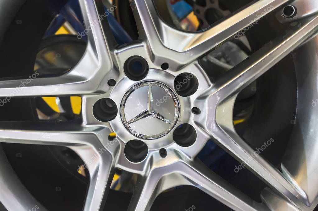 JOHOR, MALAYSIA - DECEMBER 8, 2016 : Mercedes-Benz car wheel alloy rim close up. Mercedes-Benz is a world famous German car brand.