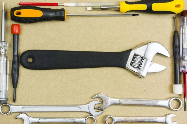 Układ stolarki i zestaw narzędzi ręcznych — Zdjęcie stockowe