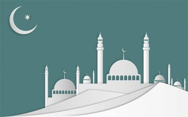 Ramazan Kareem ve Eid Bayramı kavramı. Camii, aya çöl Illustration. Tarzı kağıt kesme.