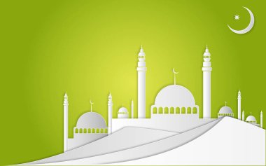 Ramazan Kareem ve Eid Bayramı kavramı. Camii, aya çöl Illustration. Tarzı kağıt kesme.