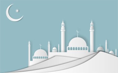 Ramazan Kareem ve Eid Bayramı kavramı. Camii, aya çöl Illustration. Tarzı kağıt kesme.