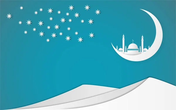 Ramadan Kareem Eid Fitr Koncept Illustration Moske Måne Ørkenen Papirskærestil - Stock-foto