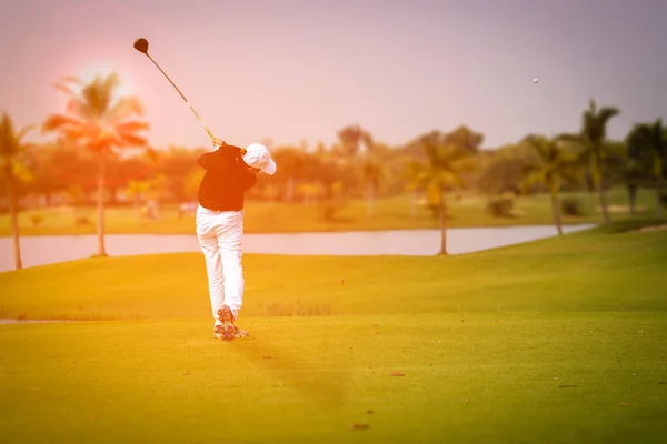 F して日没時にフェアウェイ ゴルフを振る女性ゴルフ選手 — ストック写真