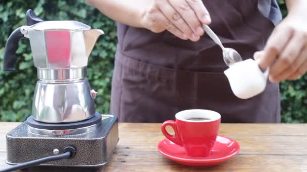 Hausgemachte frische heiße Espresso-Tasse im Mokka-Topf — Stockvideo