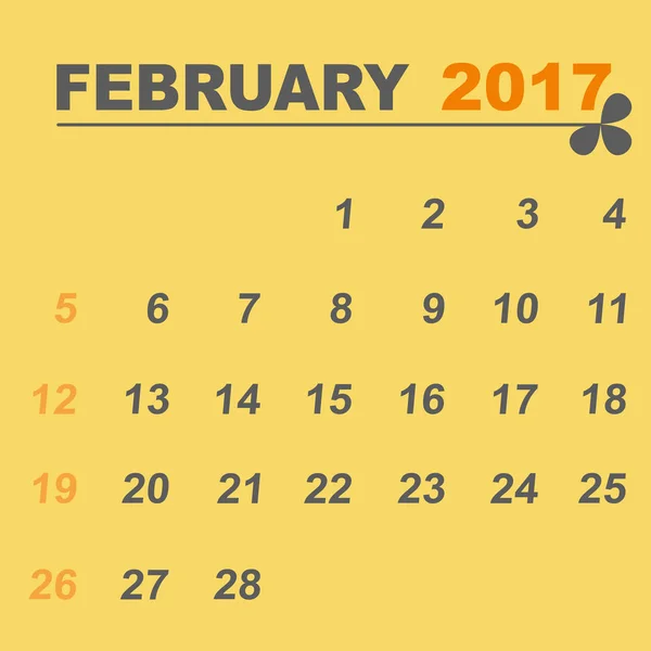 Prosty kalendarz szablon z lutego 2017 — Wektor stockowy