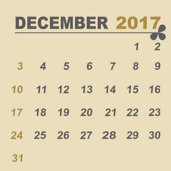 Eenvoudige kalendersjabloon voor december 2017 — Stockvector