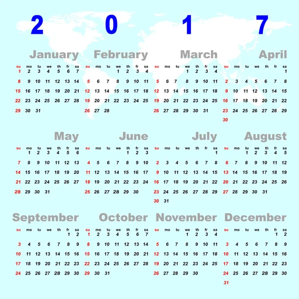 Світова карта прикрашена векторним шаблоном календаря 2017 року — стоковий вектор