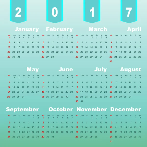 Calendario 2017 sobre fondo verde degradado — Vector de stock