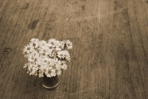 Pot de fleurs blanc vintage sur table en bois — Photo