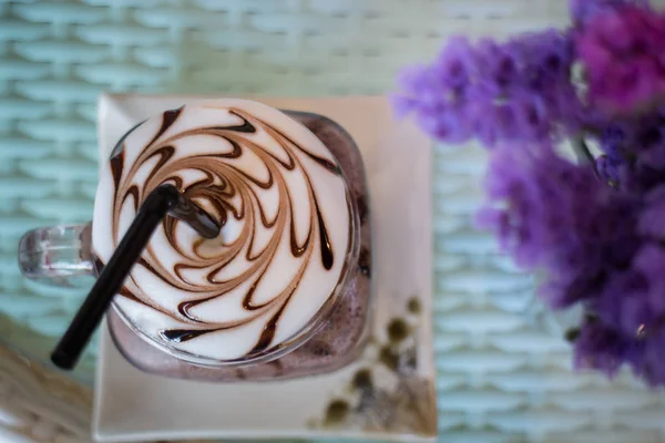 Top View Of Iced Chocolate On Glass Table — Stock Photo, Image