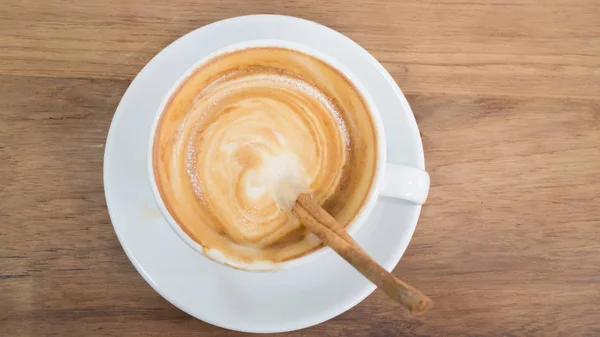 Coffee With Latte Art On Wooden Table — Stock Photo, Image