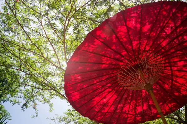 Guarda-chuva vermelho no jardim Resort — Fotografia de Stock