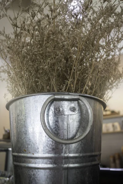 Dried little white flowers in bucket — Stock Photo, Image