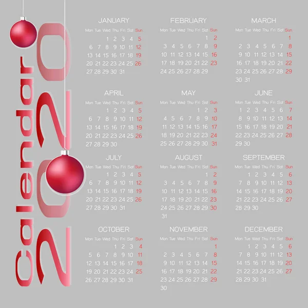 Creado calendario 2020 plantilla con bola de festival — Archivo Imágenes Vectoriales