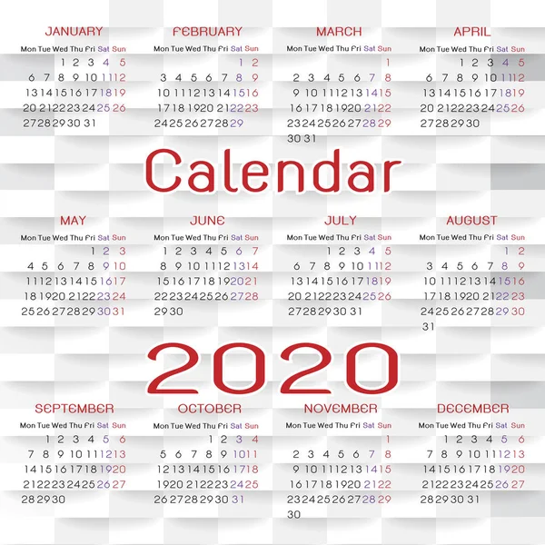 Design 2020 Kalender auf weißem Backsteinhintergrund — Stockvektor