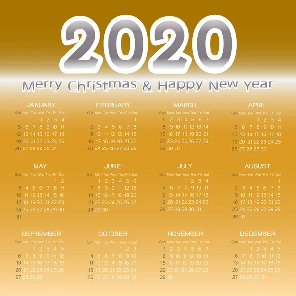 Wesołych Świąt i szczęśliwego nowego roku 2020 szablon kalendarza — Wektor stockowy