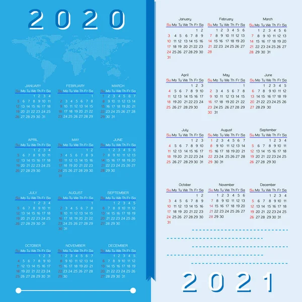 2020年と2021年のカレンダーページ — ストックベクタ