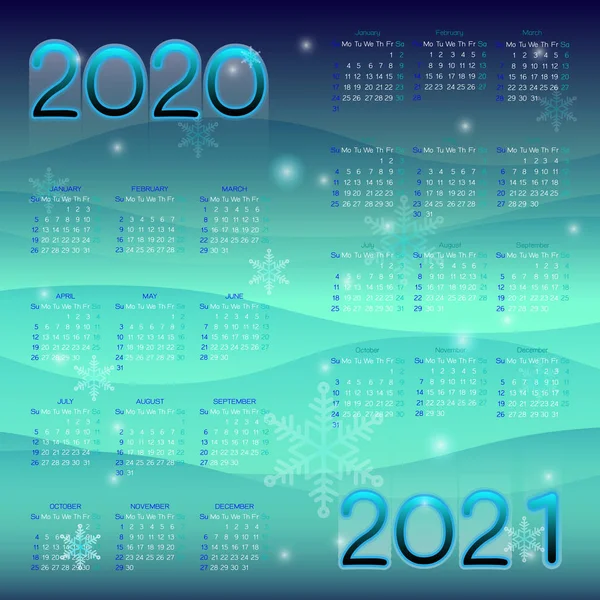アクアを背景に2020年と2021年の年プランナーカレンダー — ストックベクタ