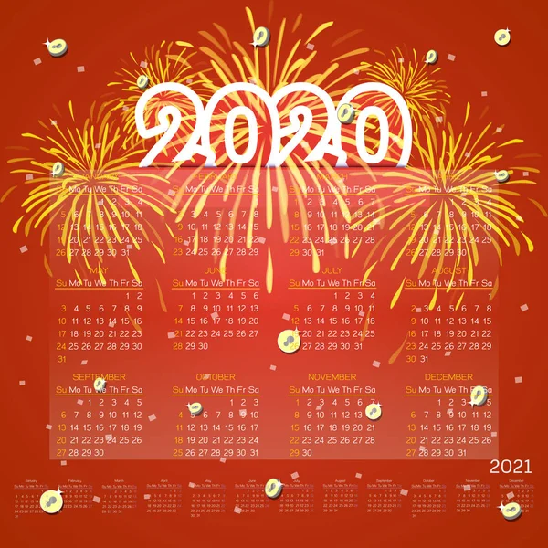 Kalendarz 2020 i 2021 z fajerwerkami na czerwonym tle — Wektor stockowy