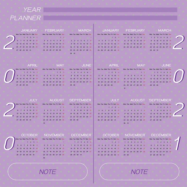 Vytvořený kalendář roku 2020 a 2021 na pozadí teček — Stockový vektor