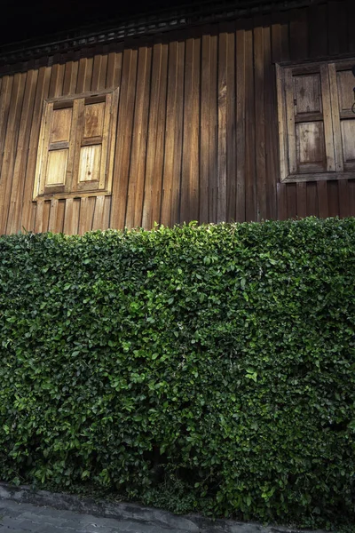 Vintage wooden house with green fence — Stock Photo, Image