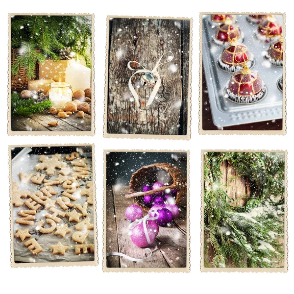 Set Christmas Card Snow Retro Photo Frame Isolado — Fotografia de Stock
