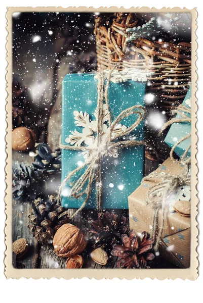 Коробки Затишний декор Синій папір Сніжинка Ретро рамка — стокове фото