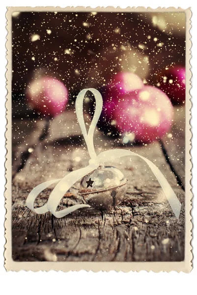 Christmas Card Jingle Bell Retro Photo Snow Drawn — Stock Photo, Image