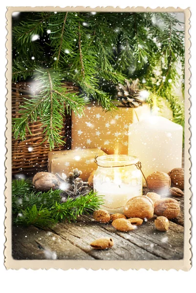 Vintage Christmas Card Gifts Burning Candle Falling Snow — Stock Photo, Image