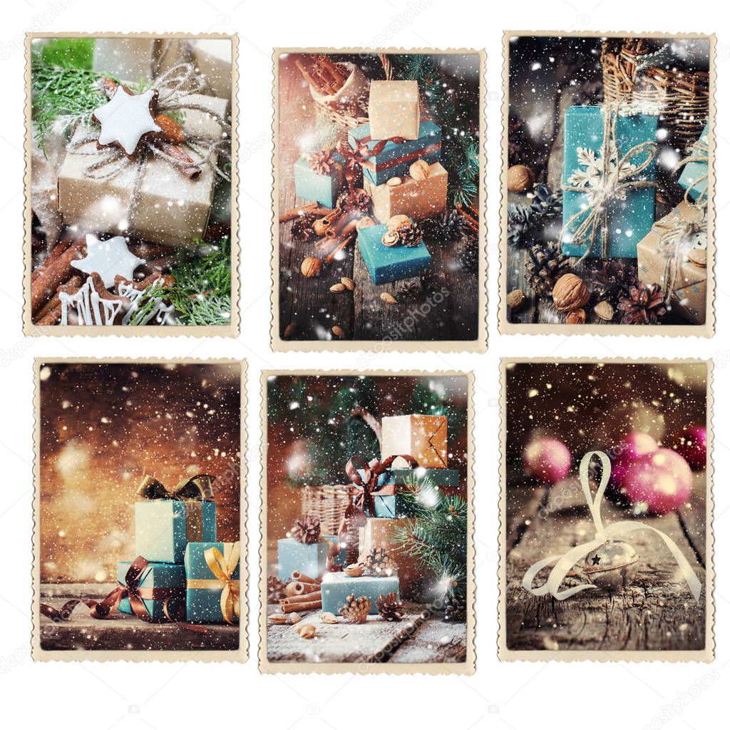 Set Christmas Different Cards Drawn Snowfall