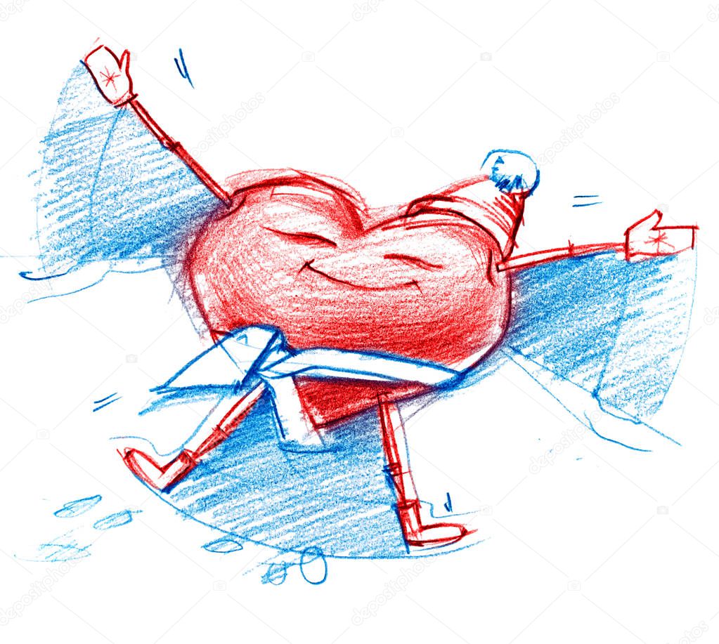 Leżącego Serce Na śniegu Rysunek Anioł Zestaw Zdjęcie